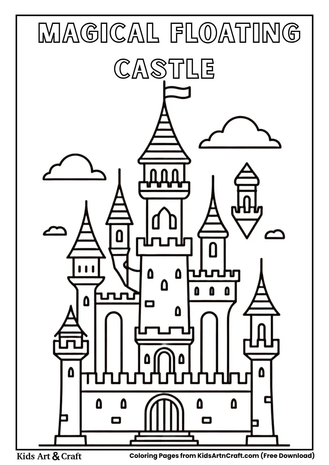 Fantasy castle with floating towers and clouds coloring page