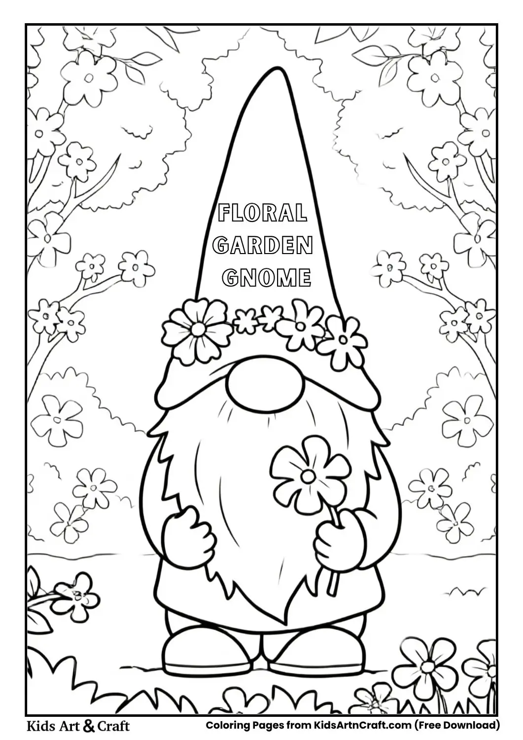 Gnome with floral crown holding flower in garden setting