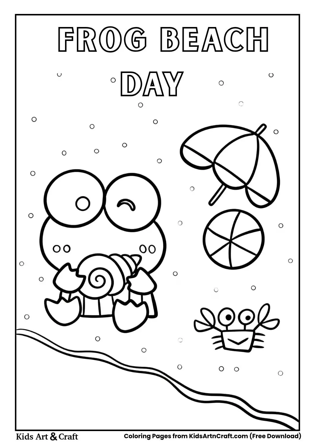Frog sitting on a beach with umbrella, ball, and crab