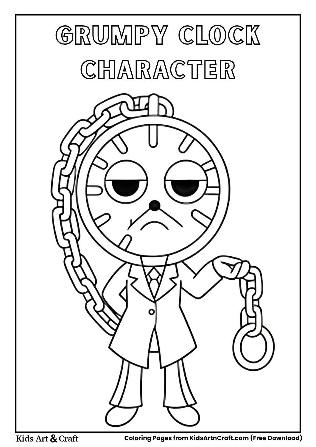cartoon clock character holding chain with grumpy expression