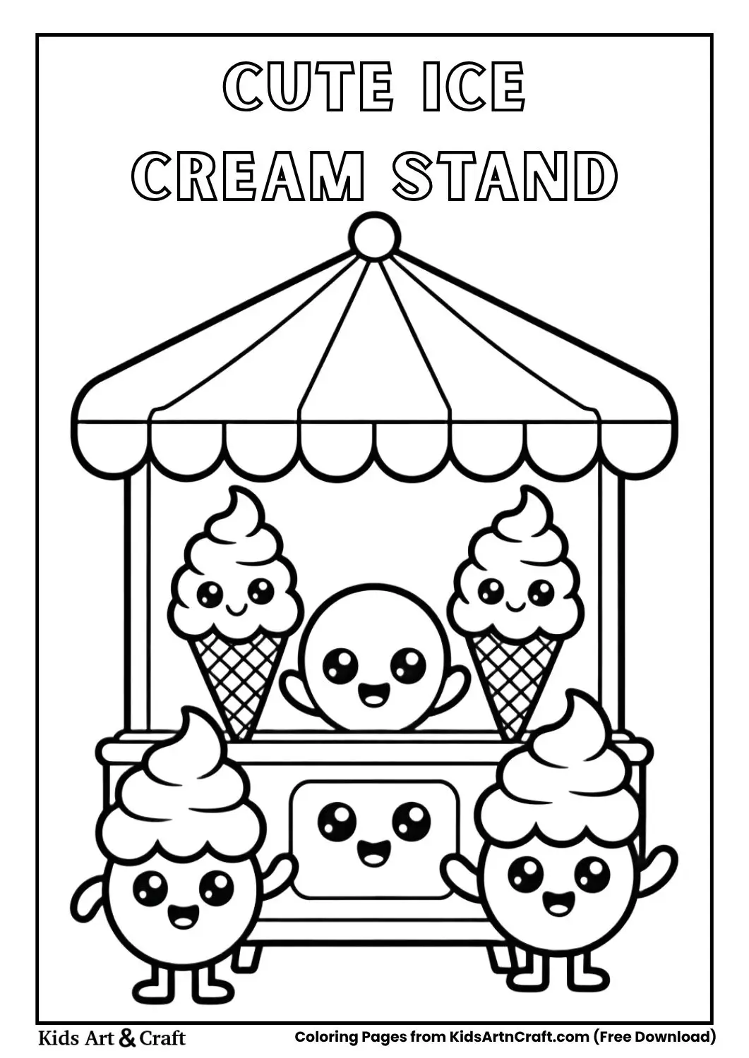 smiling ice cream stand kawaii coloring page for kids