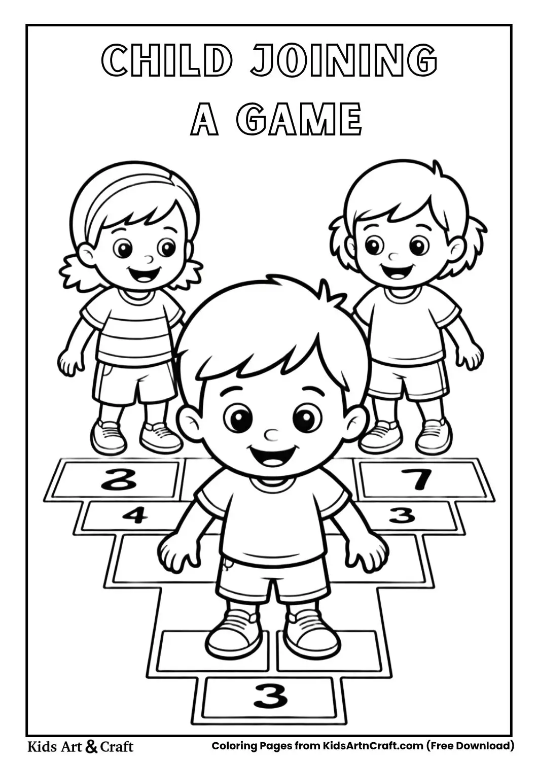 black and white coloring page of a shy child joining other kids playing hopscotch