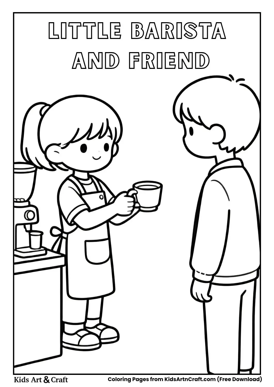 kid serving drink to friend coloring page