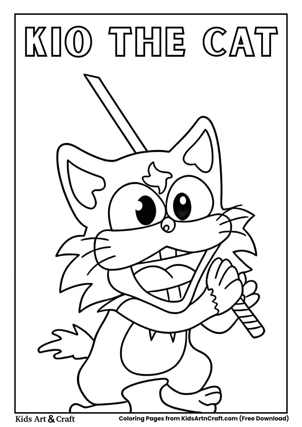 Cartoon cat named KIO holding a striped staff