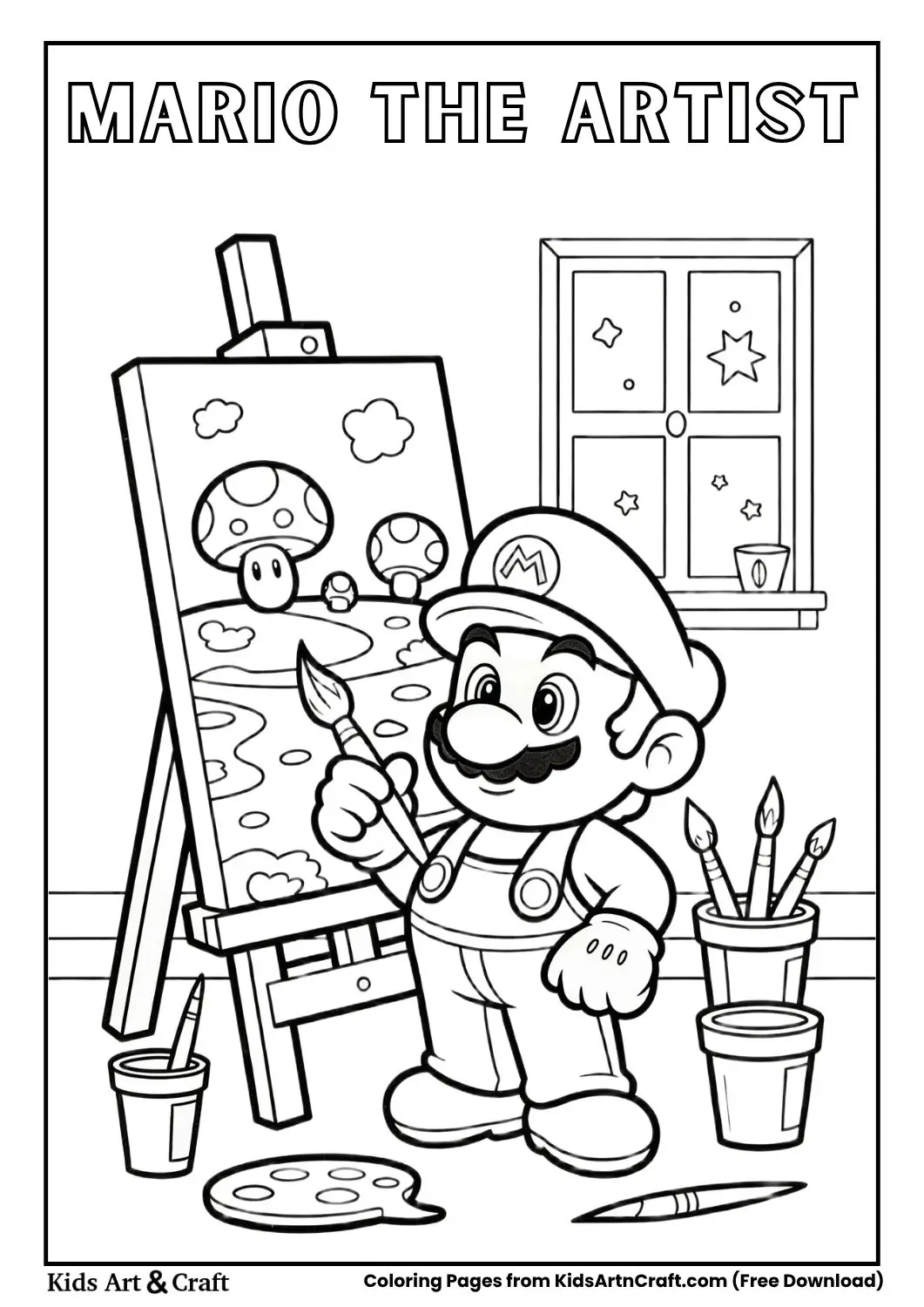 Mario painting on a canvas with art supplies around