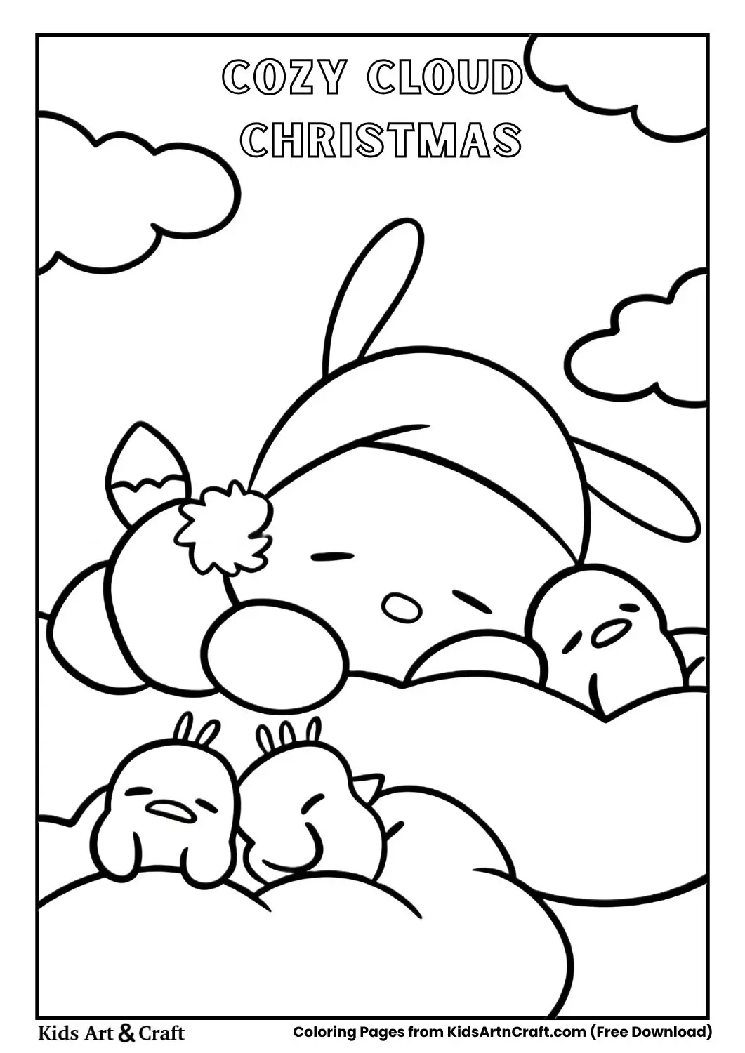Round character in Santa hat sleeping on clouds with bird companions