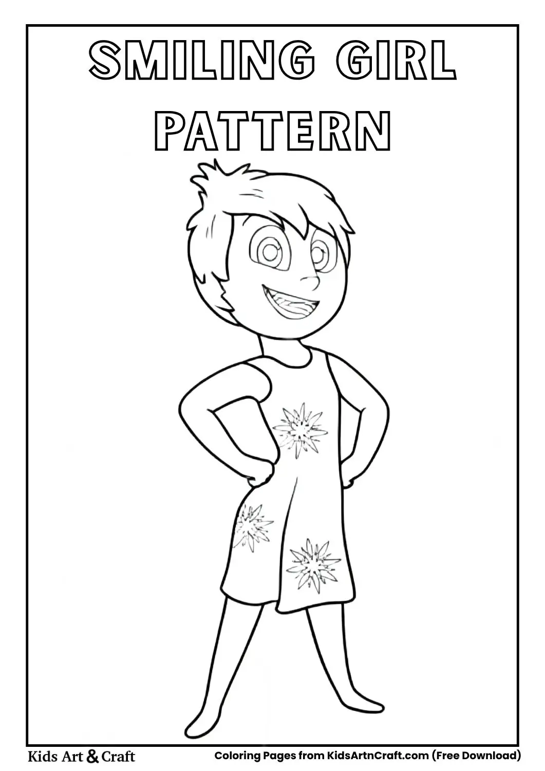 Happy cartoon girl standing with circle patterns behind