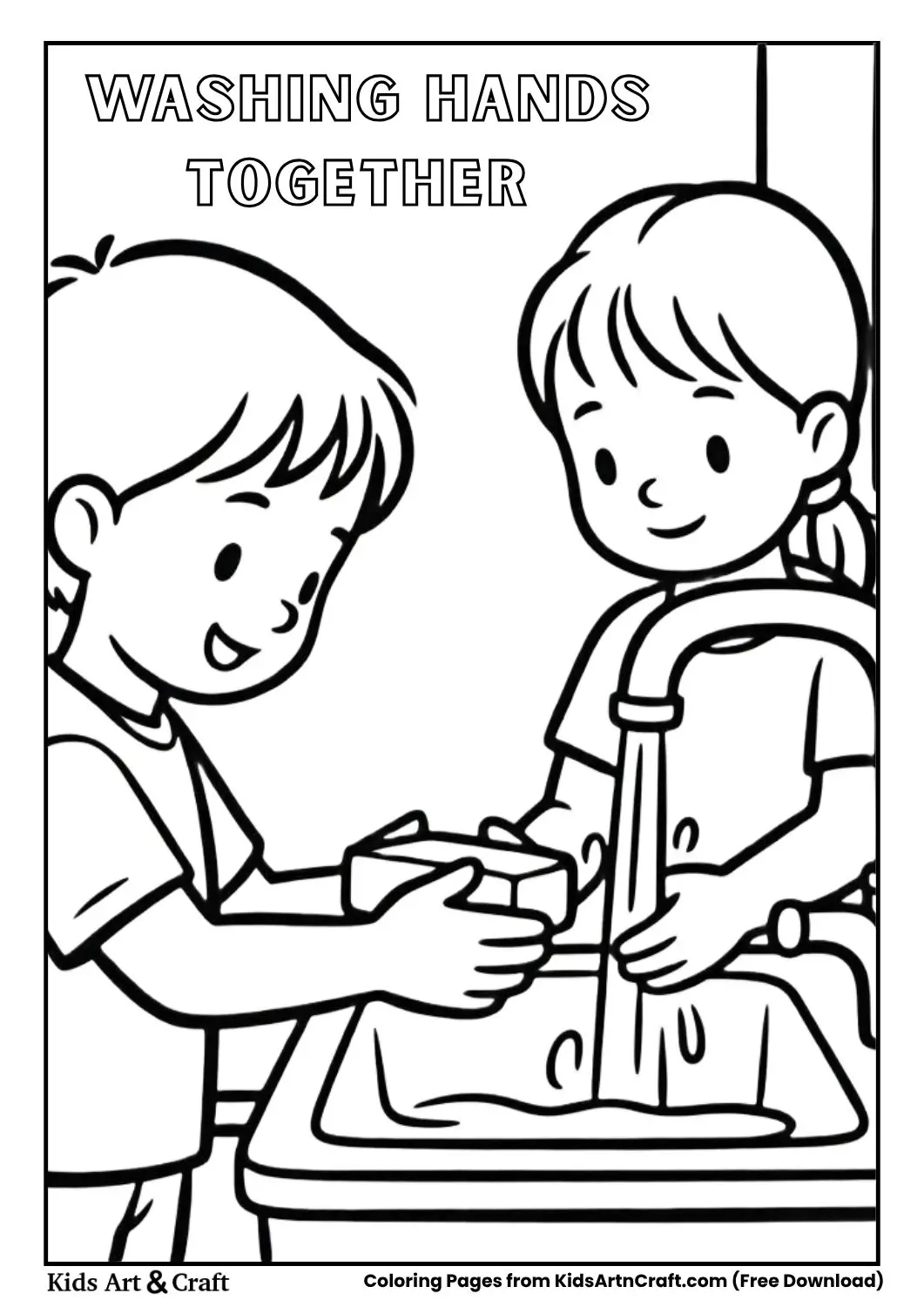Children washing hands at a sink black and white colouring page with simple line drawing