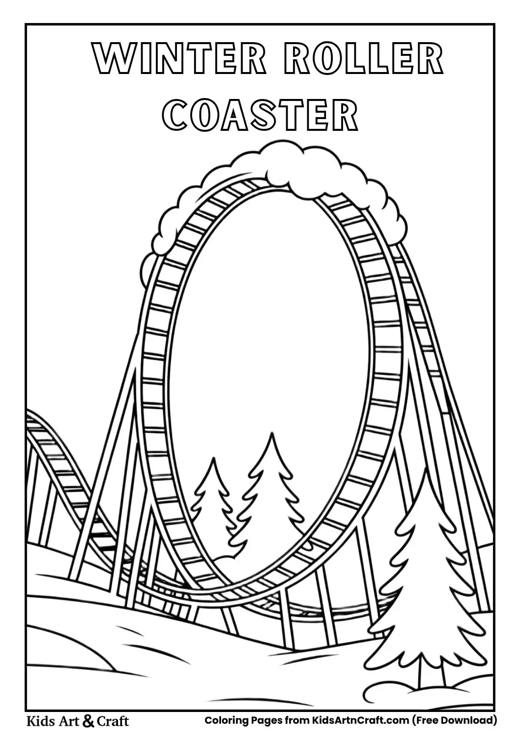 Roller coaster with snow and pine trees, black and white coloring page