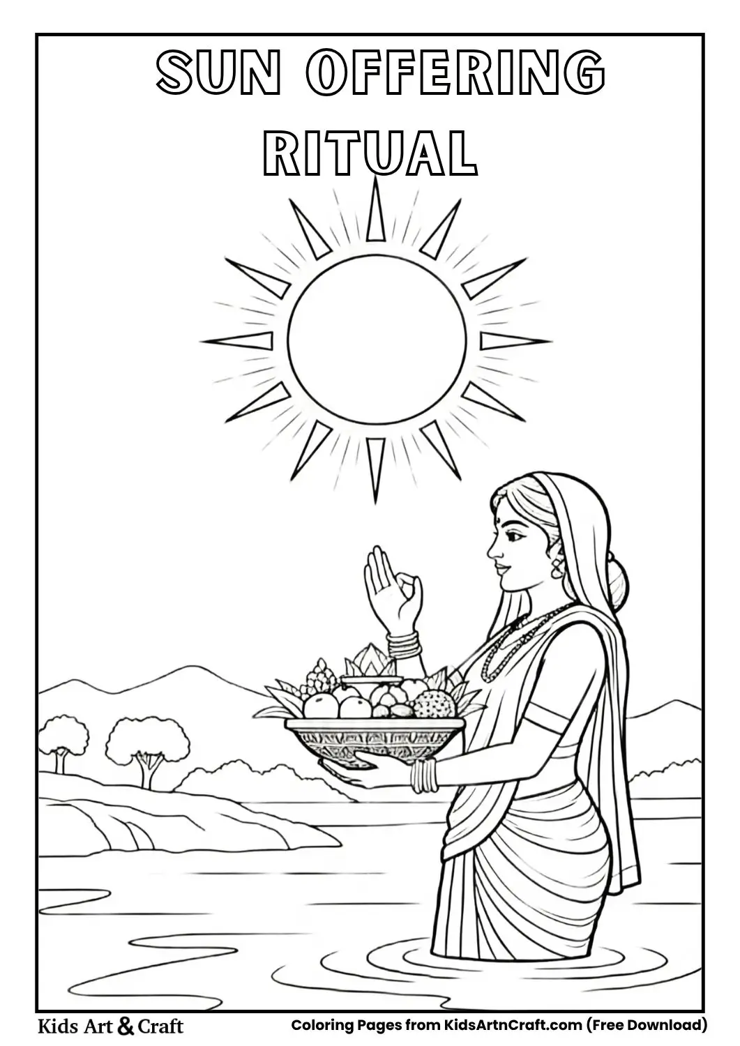 Woman in sari offering prayers to the sun in water