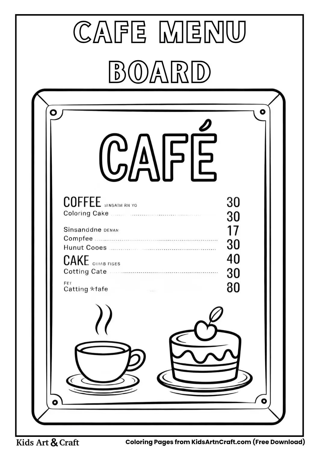 chalkboard cafe menu with simple icons coloring page
