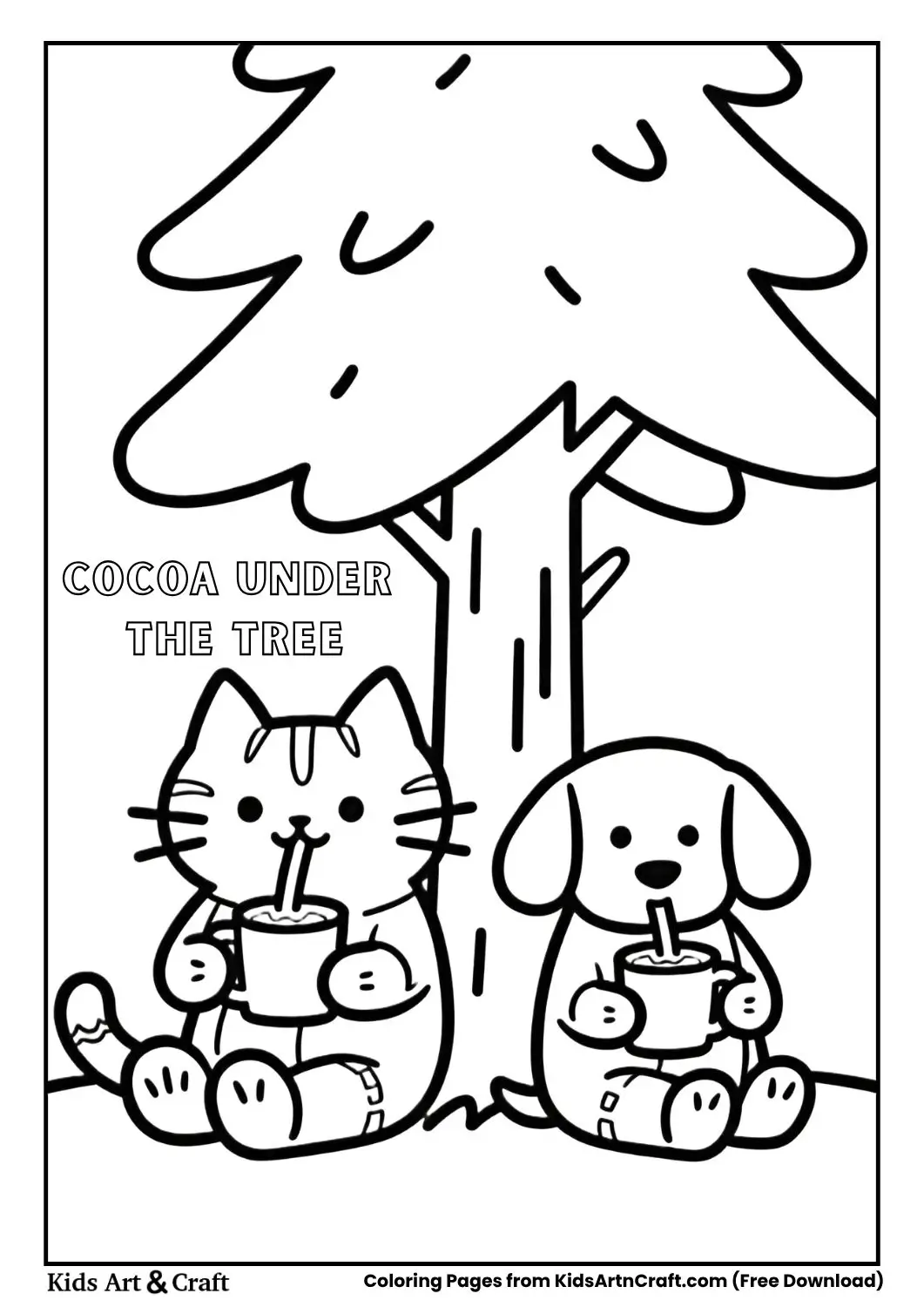 Cat and puppy sitting under a tree drinking cocoa