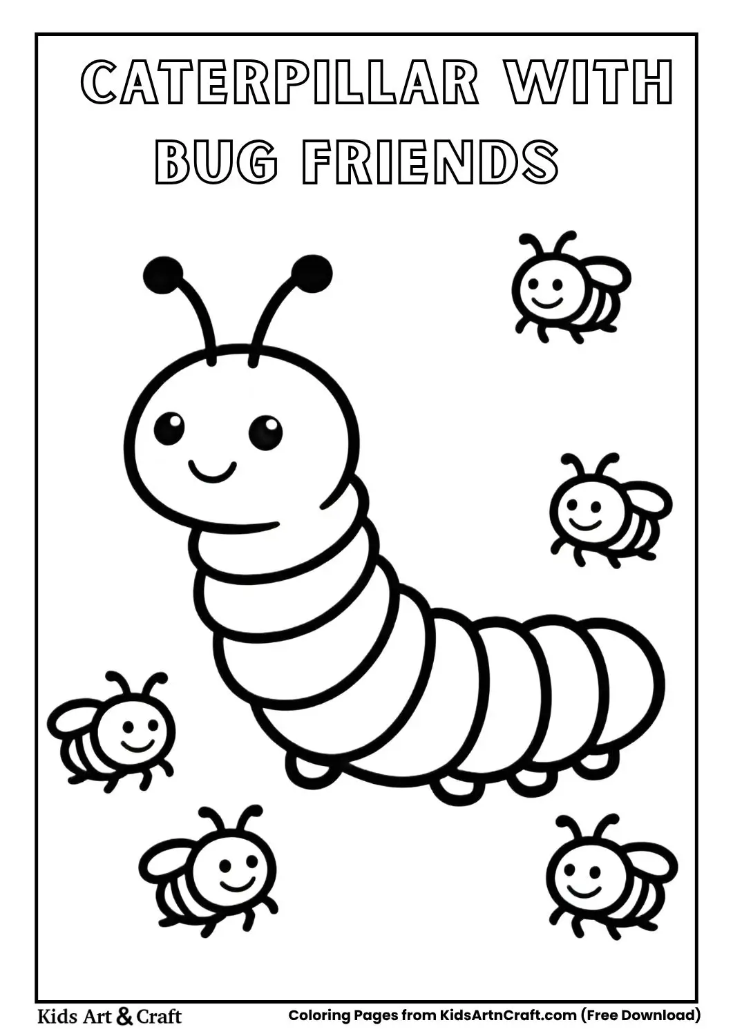 Caterpillar surrounded by small smiling bugs, simple black and white coloring page