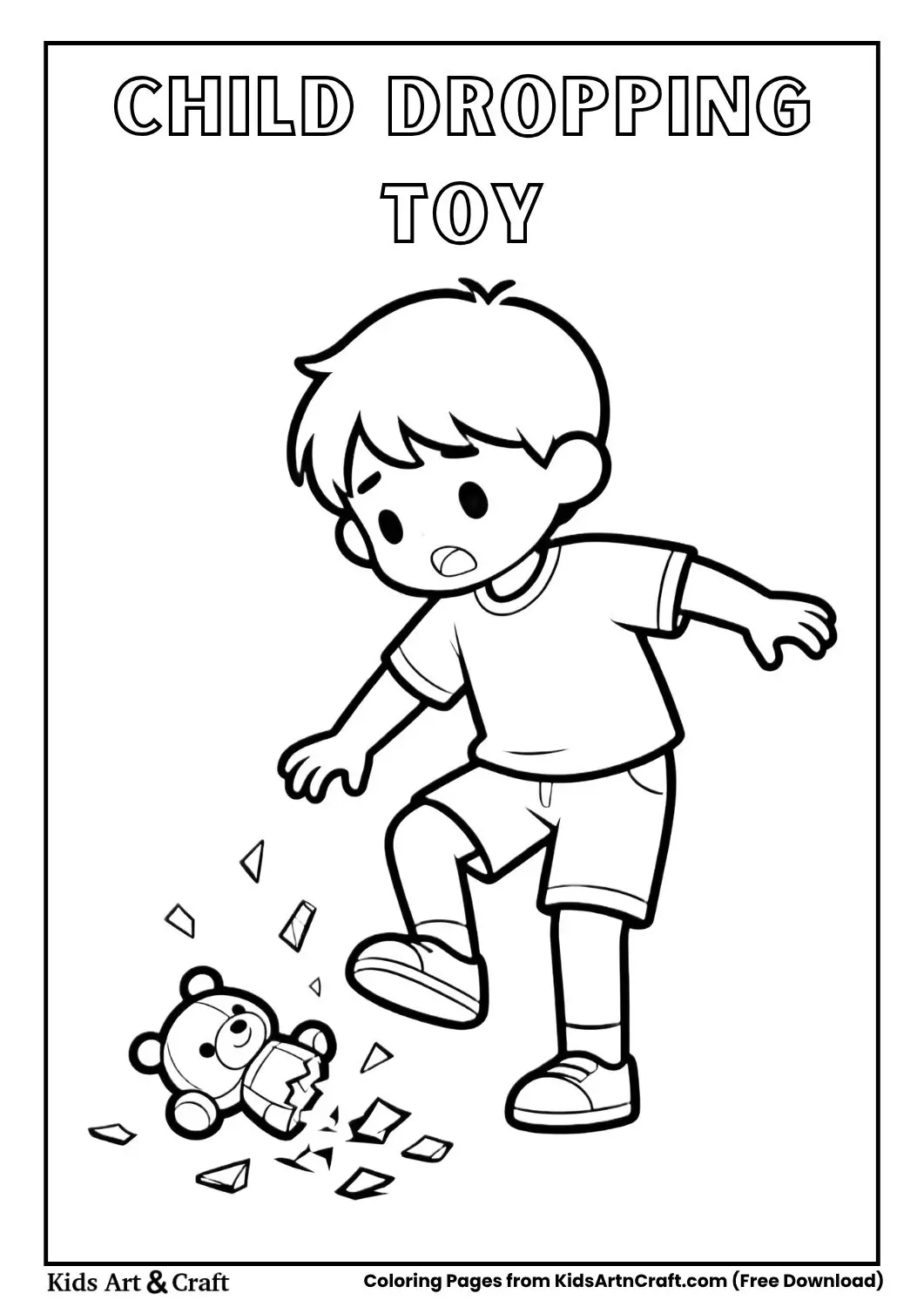 Child dropping a toy and breaking it coloring page