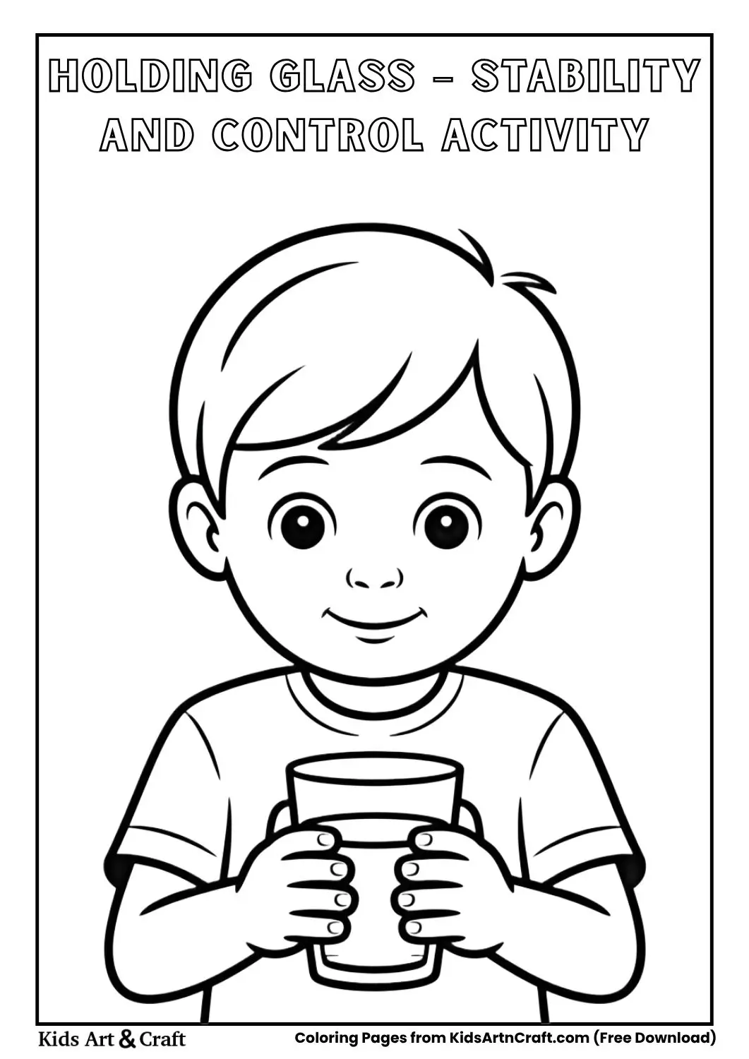 child holding glass with both hands coloring page