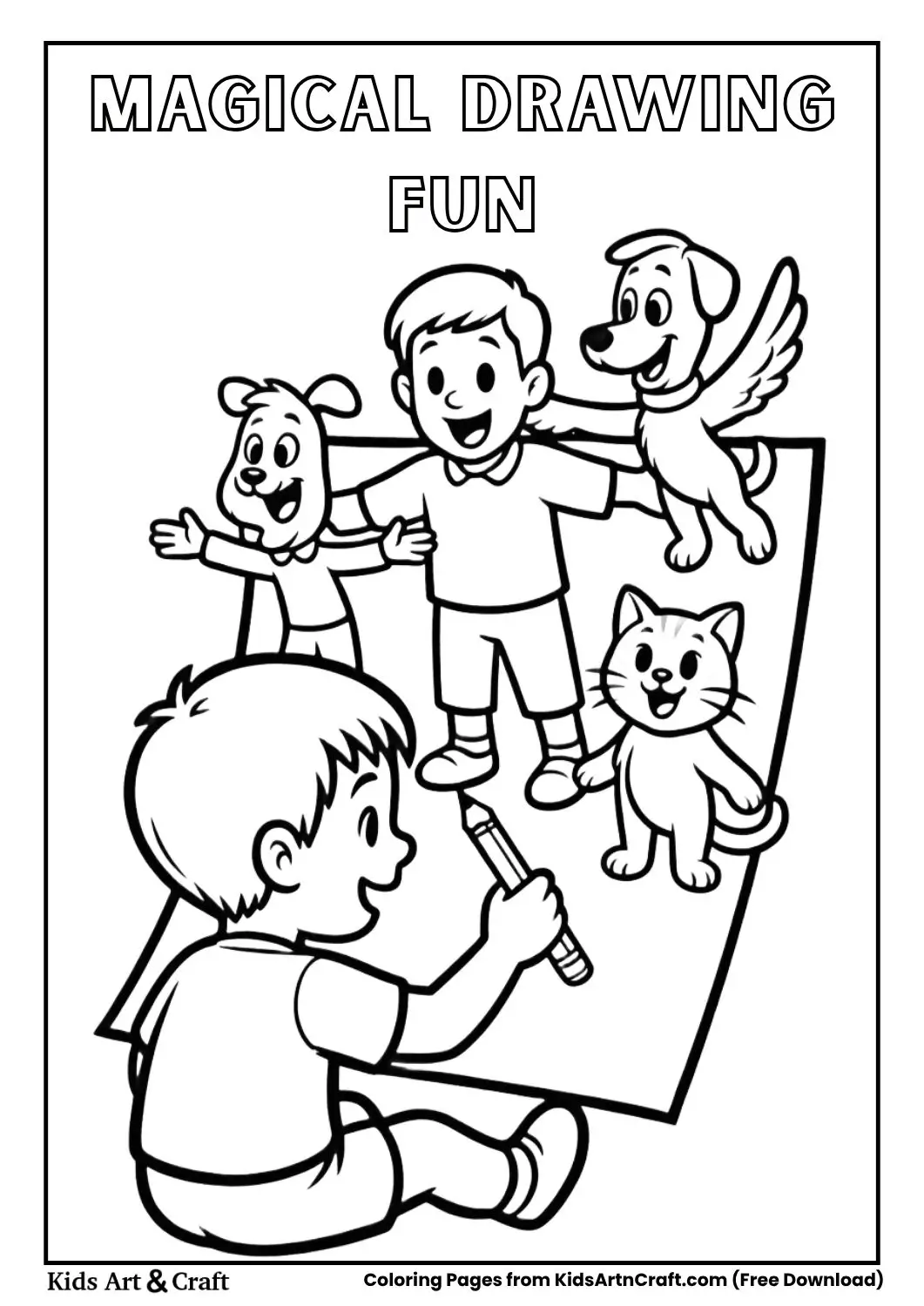 Child drawing pictures that come to life coloring page
