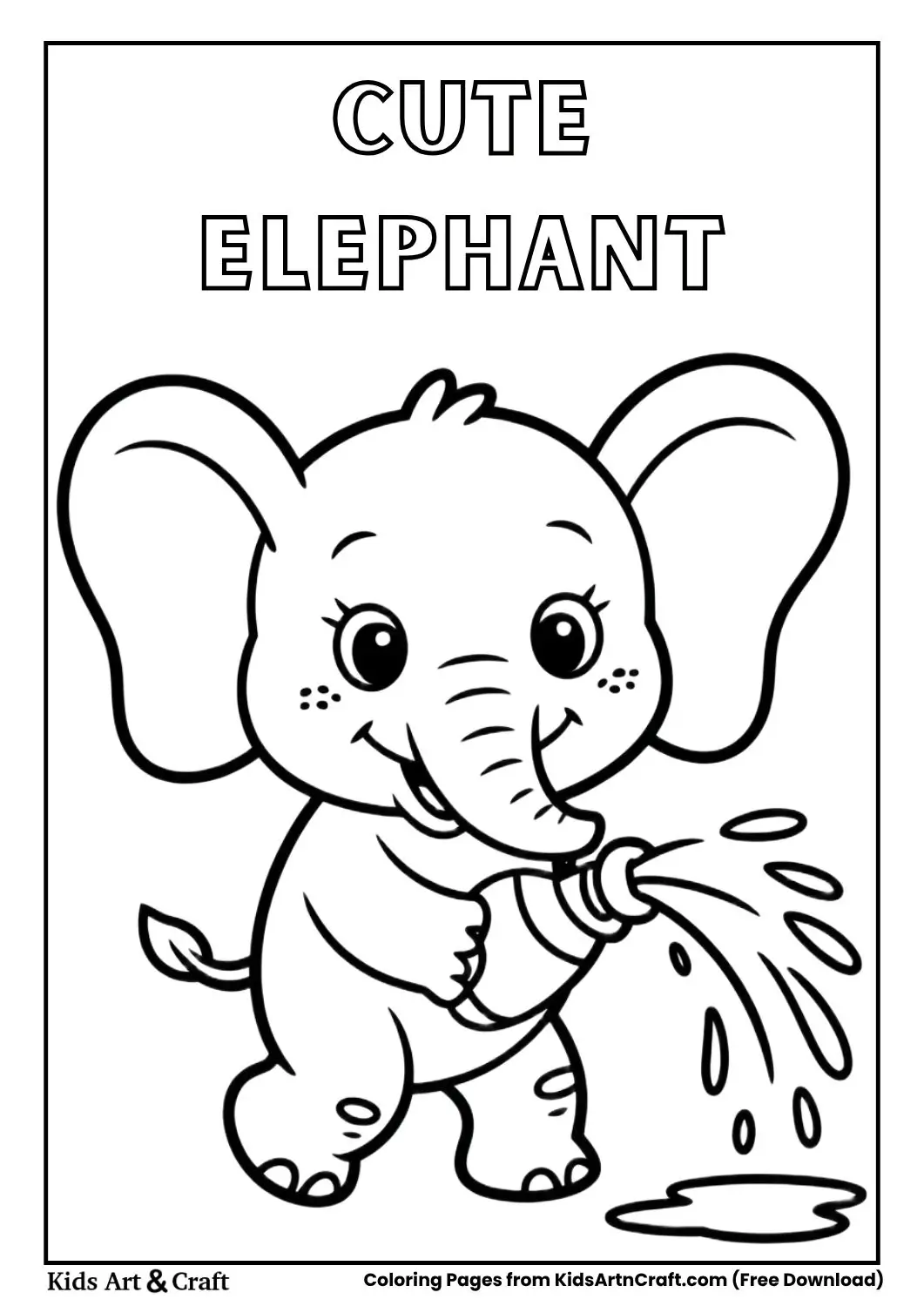 little elephant spraying water coloring page outline