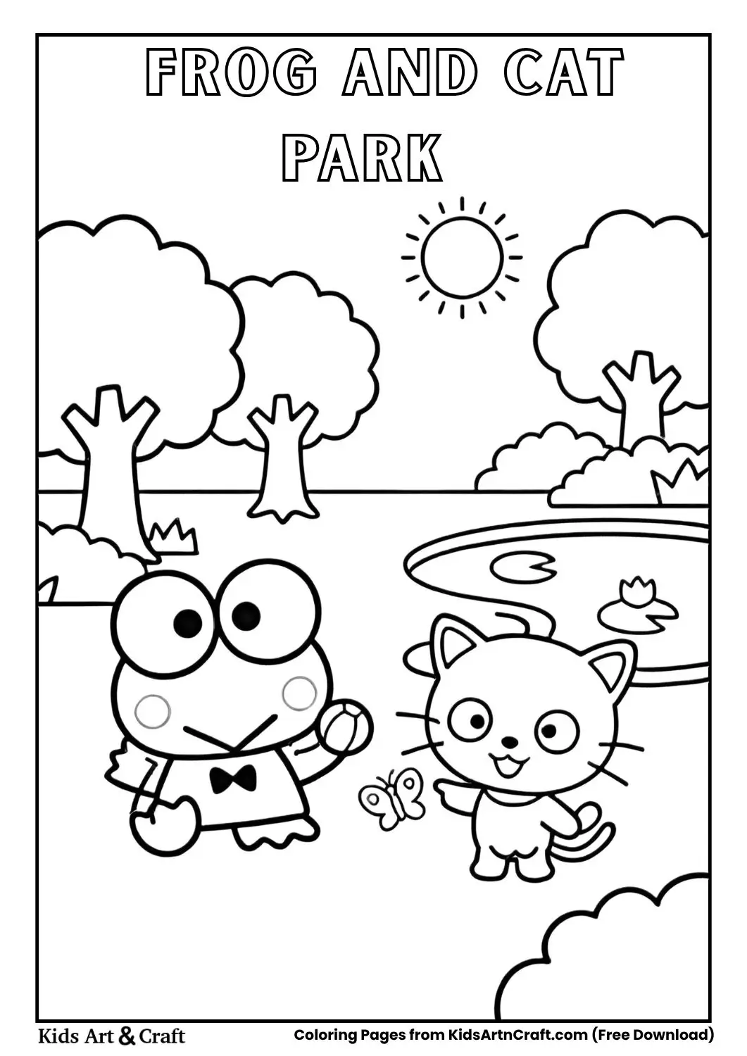 Frog and cat playing in a park with pond and butterfly