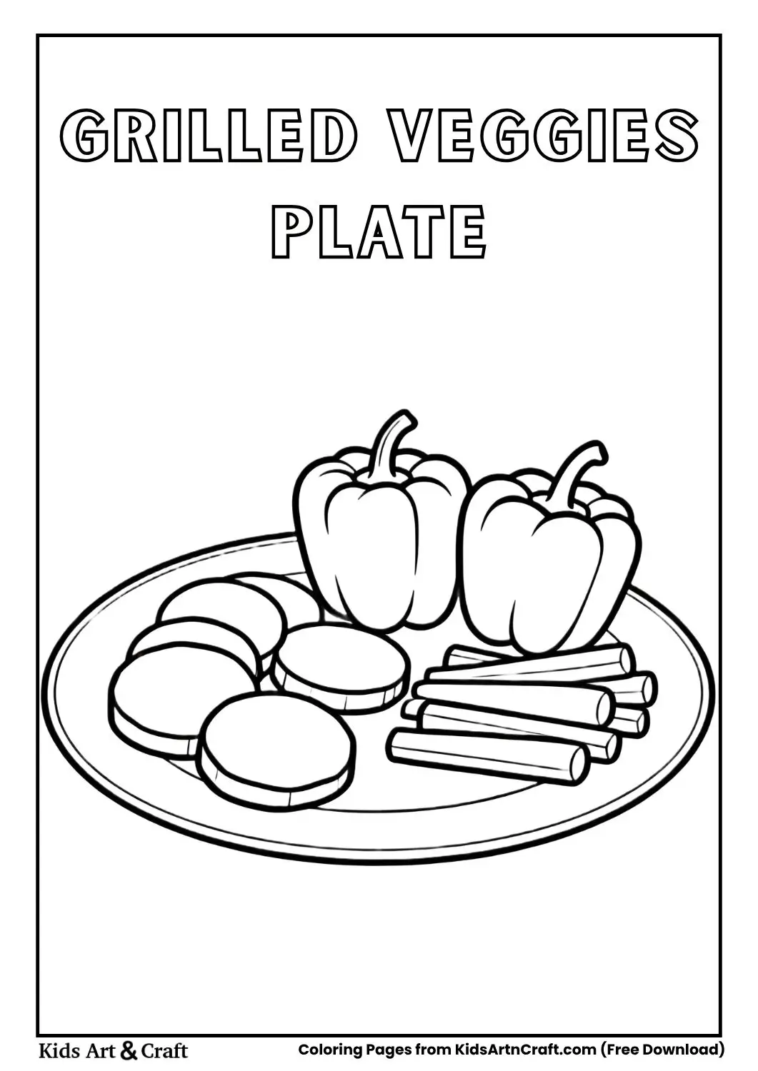 Black and white coloring page of a plate with grilled zucchini, peppers, and carrots