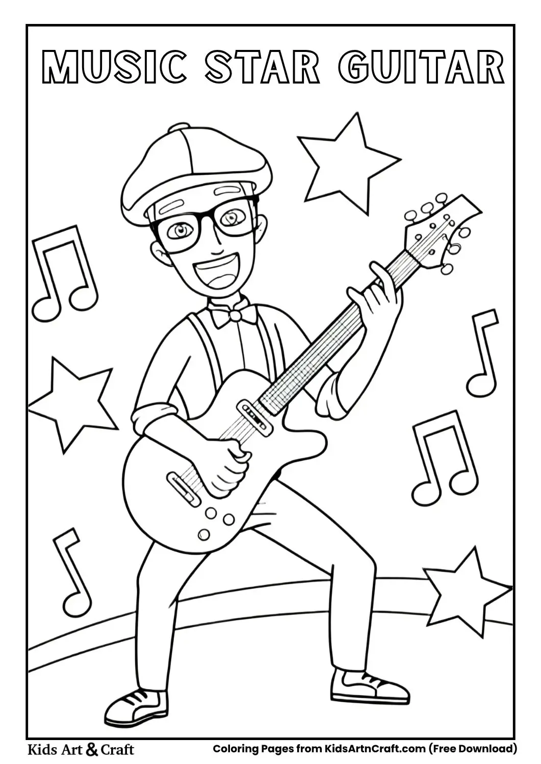 Cartoon man playing electric guitar with musical notes