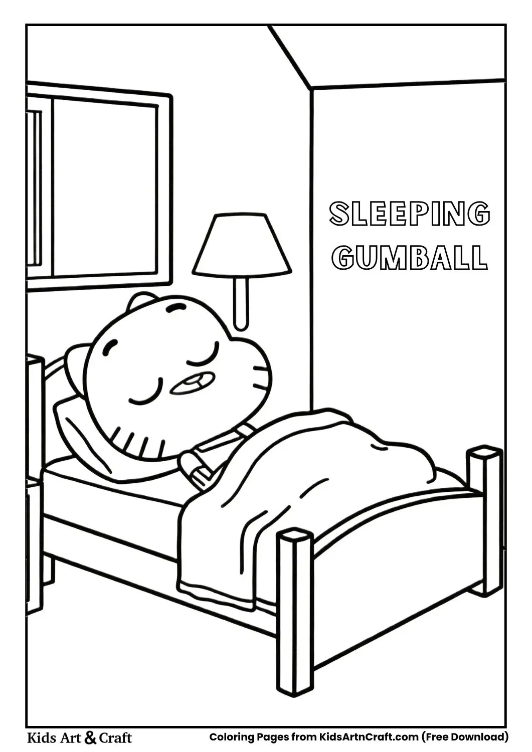 Gumball sleeping on bed coloring page