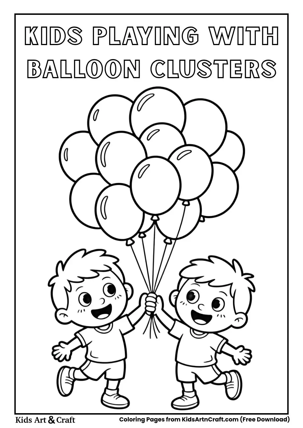 Children playing with balloon clusters, simple black and white line art
