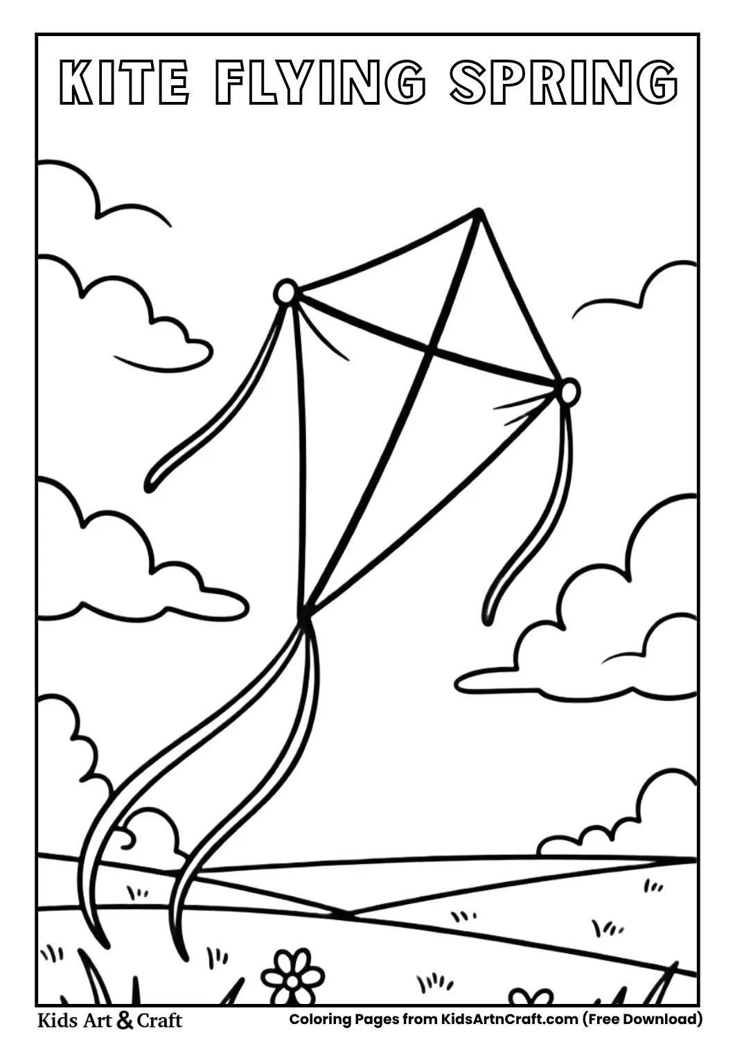 Kite flying sky spring coloring page