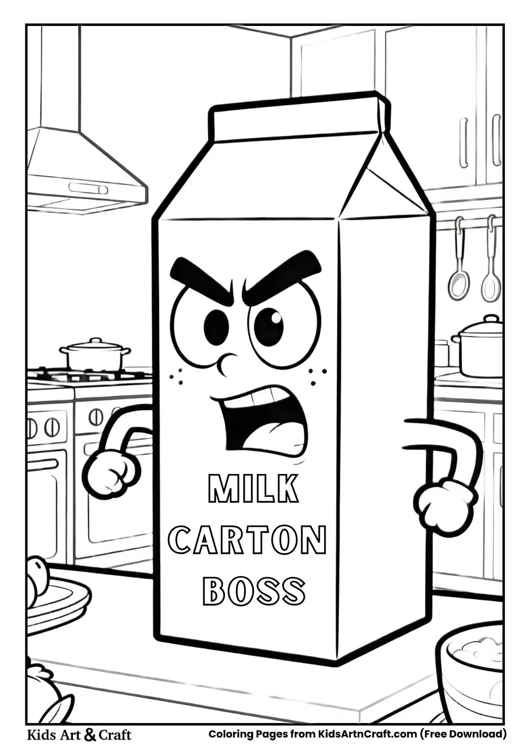 Milk carton giving orders to humans coloring page