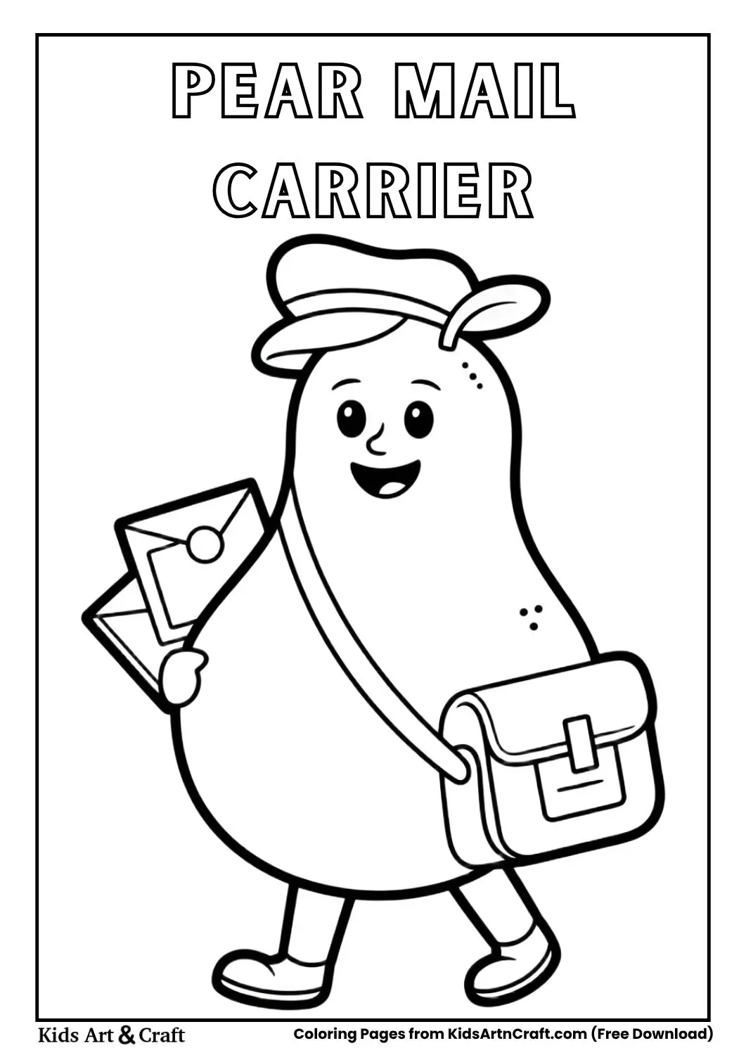 Pear delivering letters wearing postal hat coloring page 