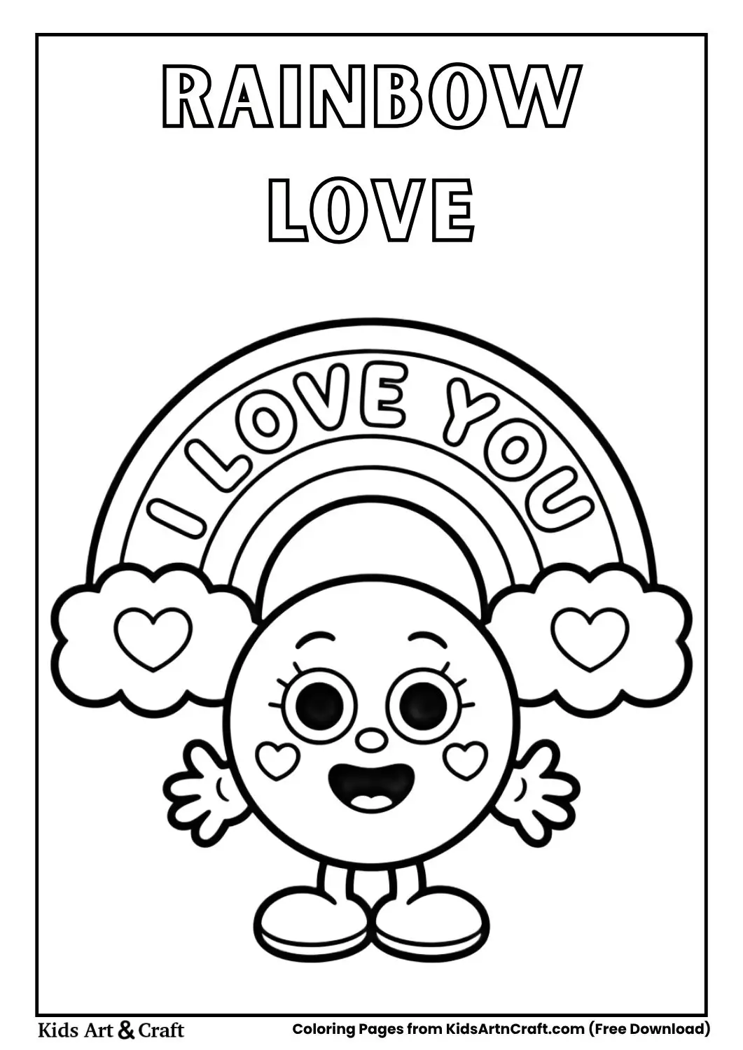 Rainbow with hearts and I Love You text coloring page