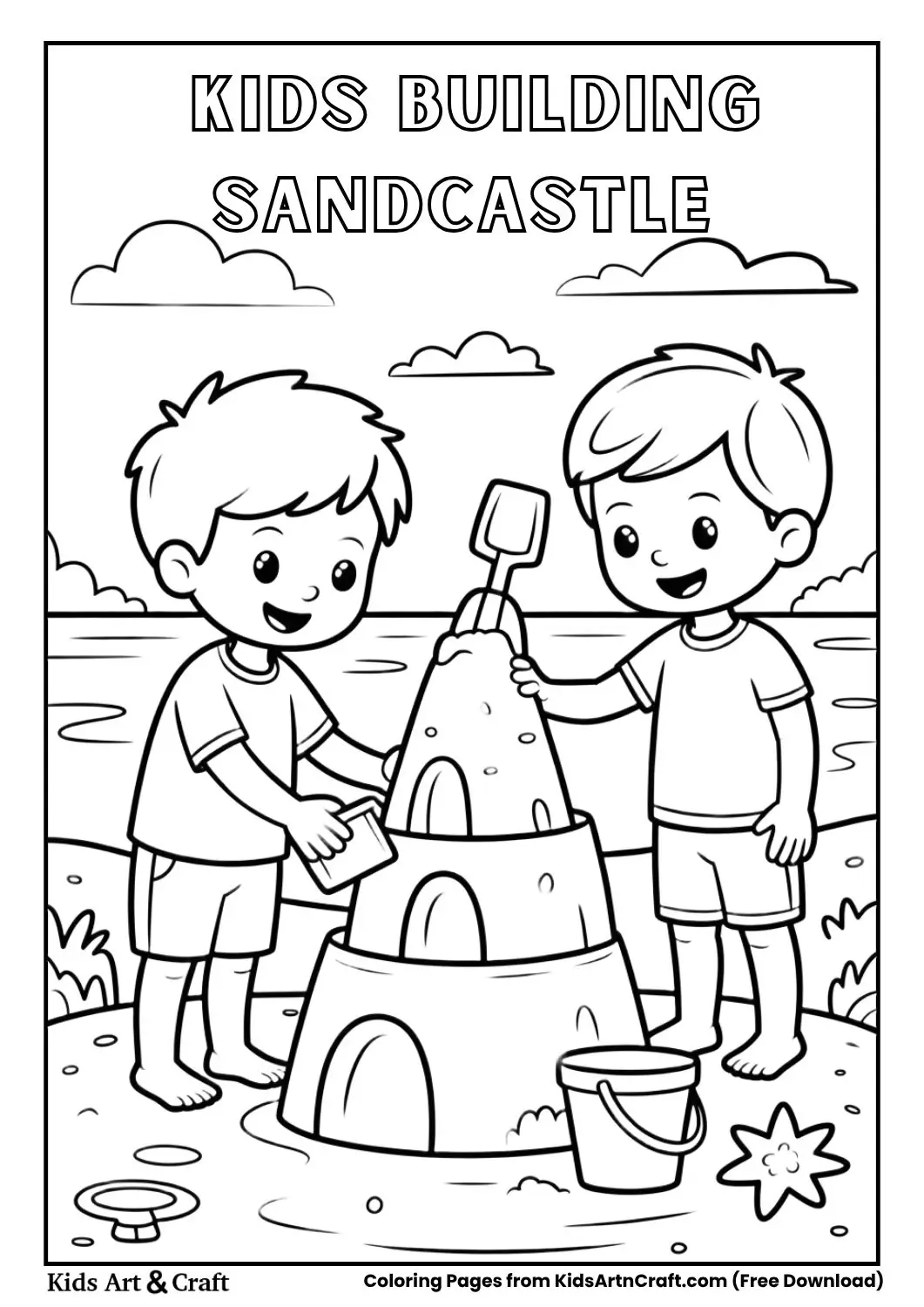 black and white coloring page of children building a sandcastle at the beach
