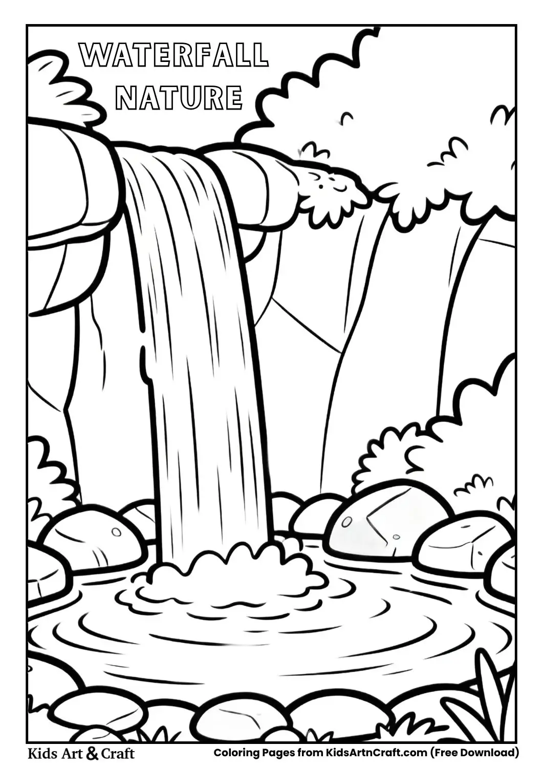Simple waterfall and rocks coloring pageTitle: Waterfall Nature Coloring Page
