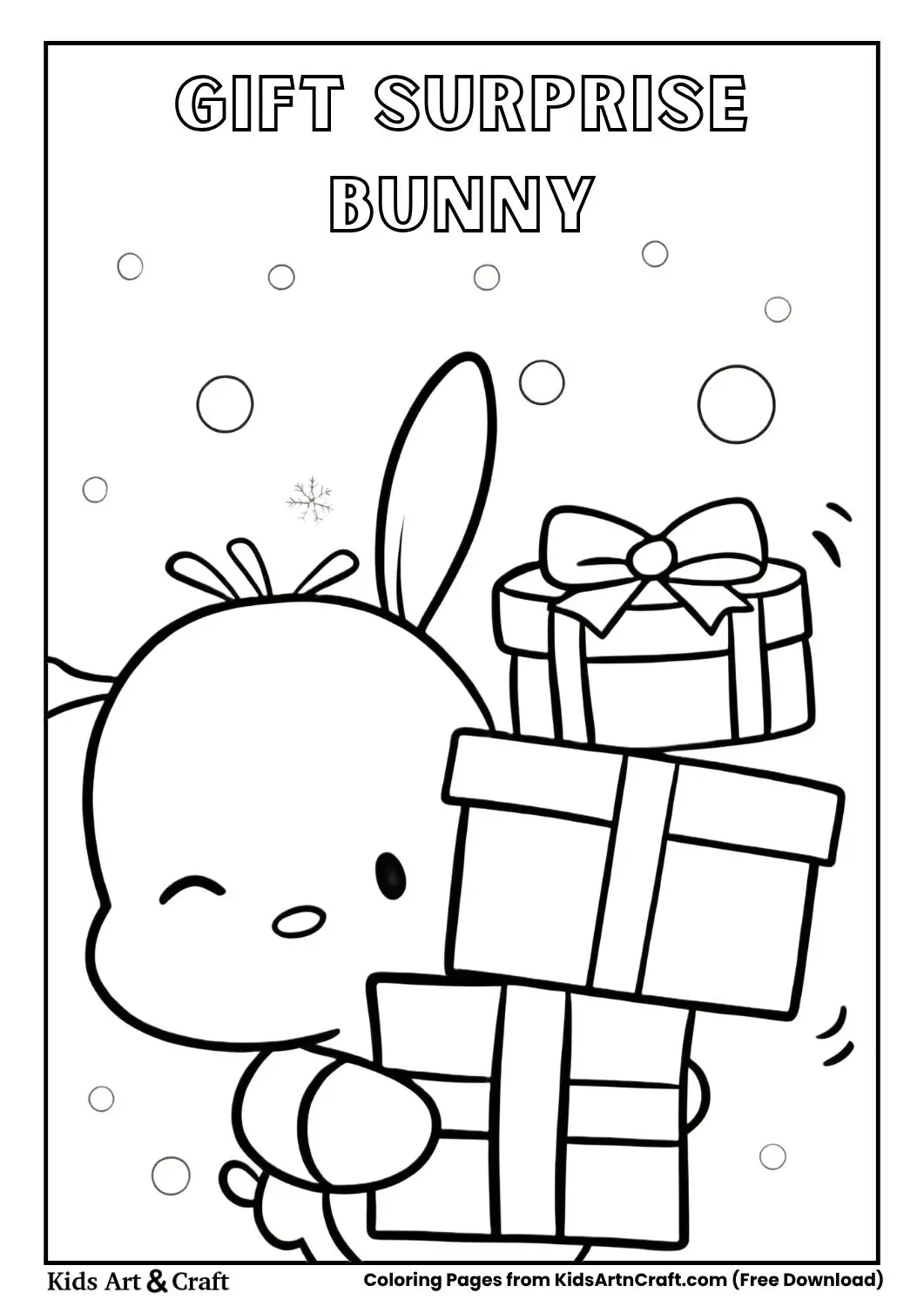 Bunny winking and holding stacked gifts with confetti background