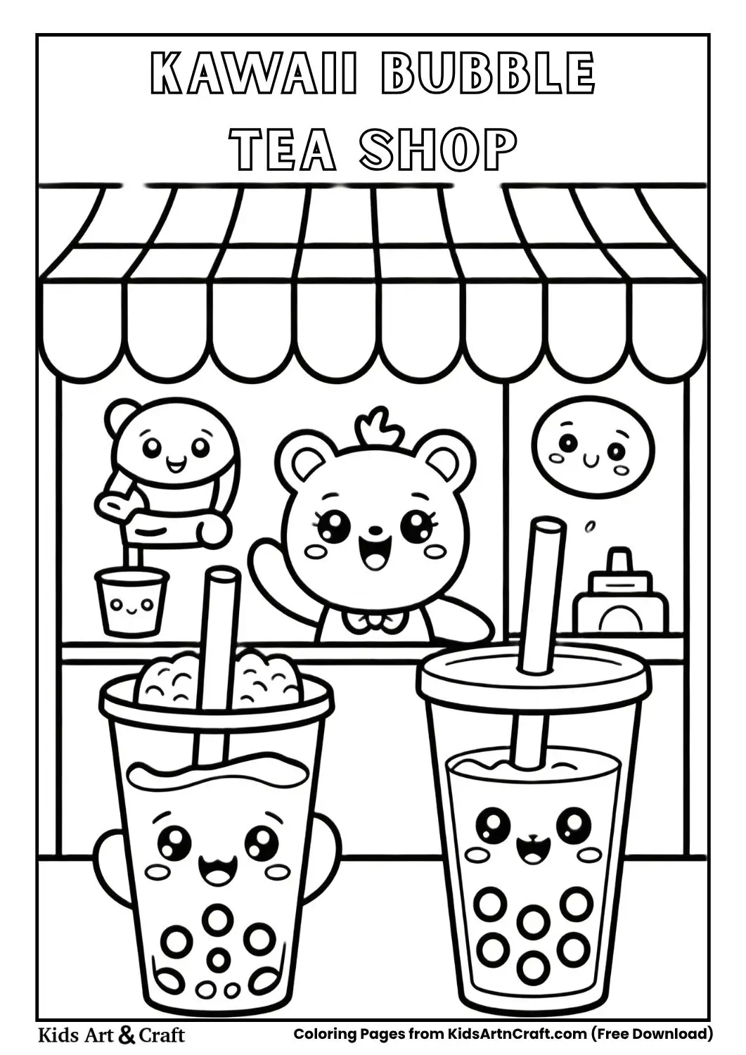 cute bubble tea shop with animals coloring page
