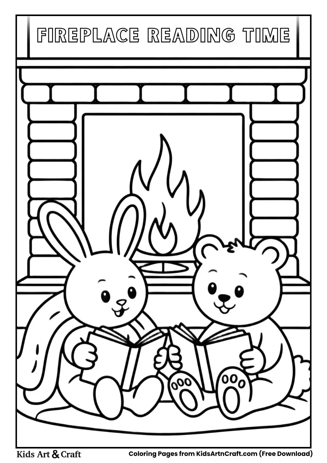 Bunny and Bear reading under blanket by fireplace coloring page
