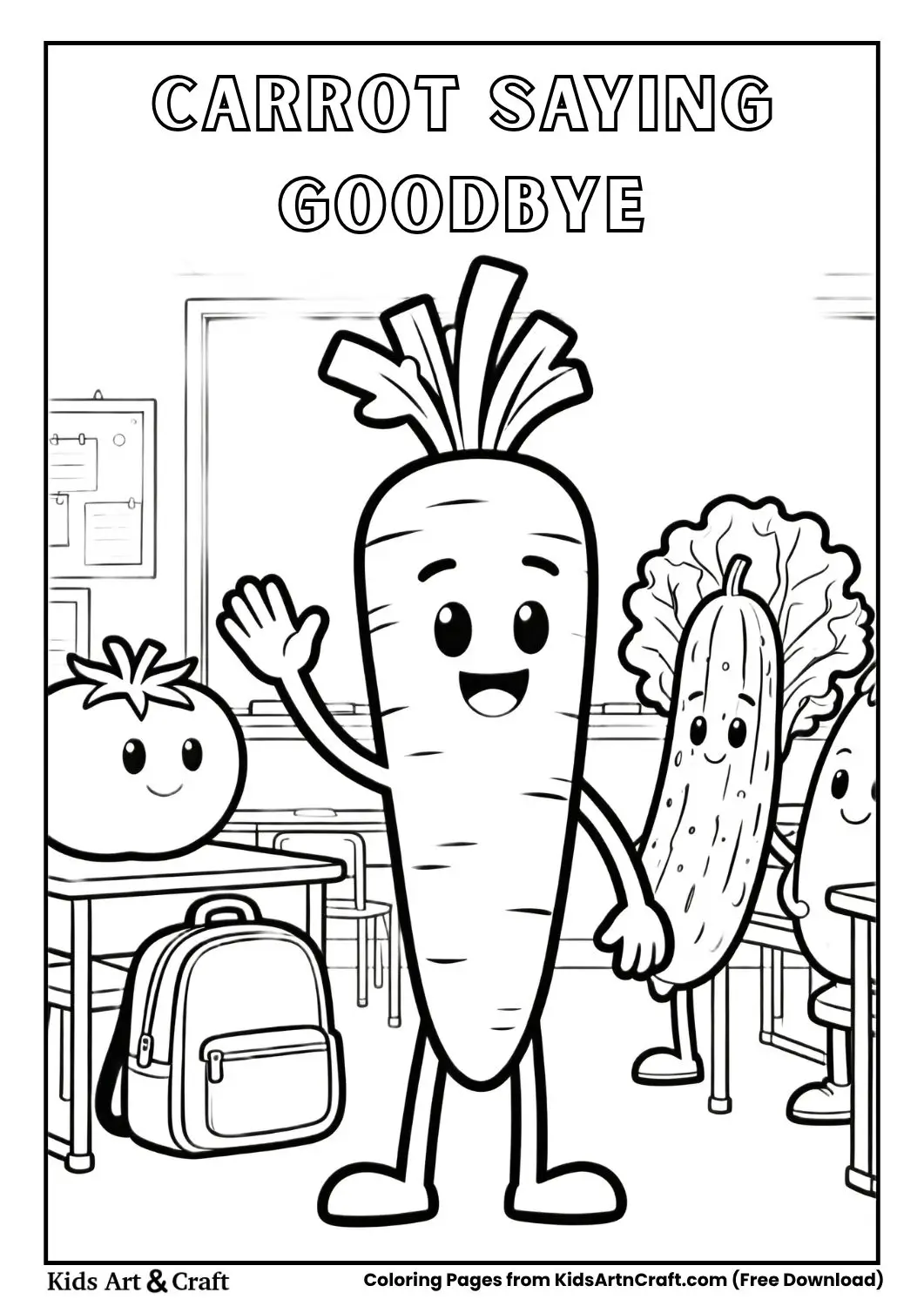 carrot waving goodbye before school coloring page
