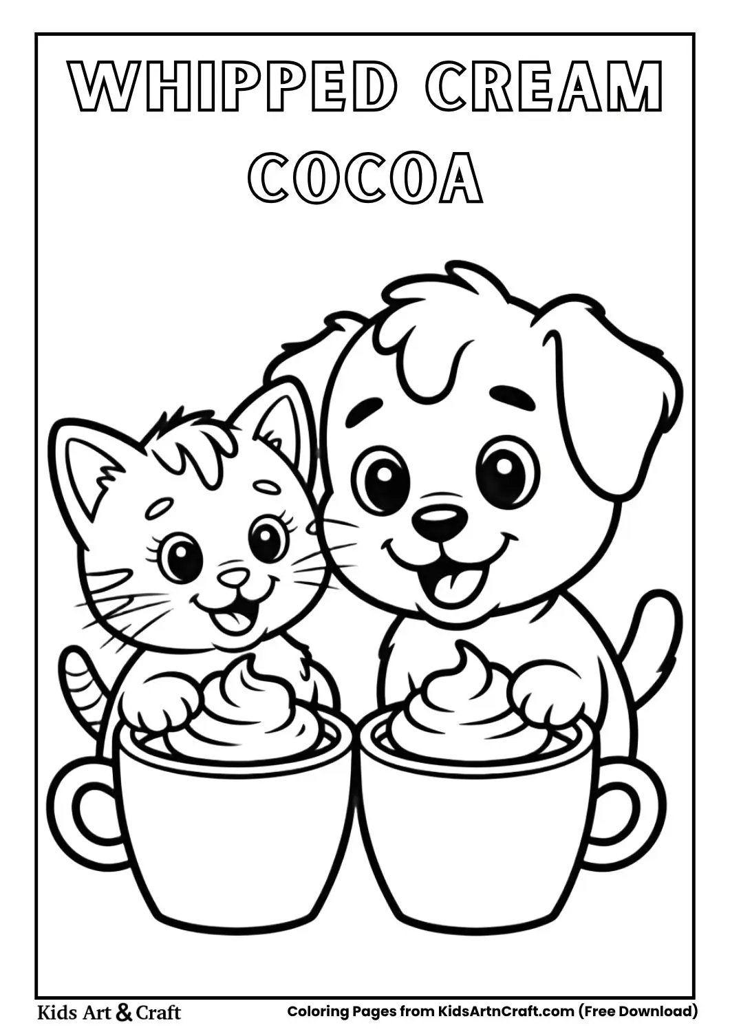 Kitten and puppy with whipped cream hot chocolate