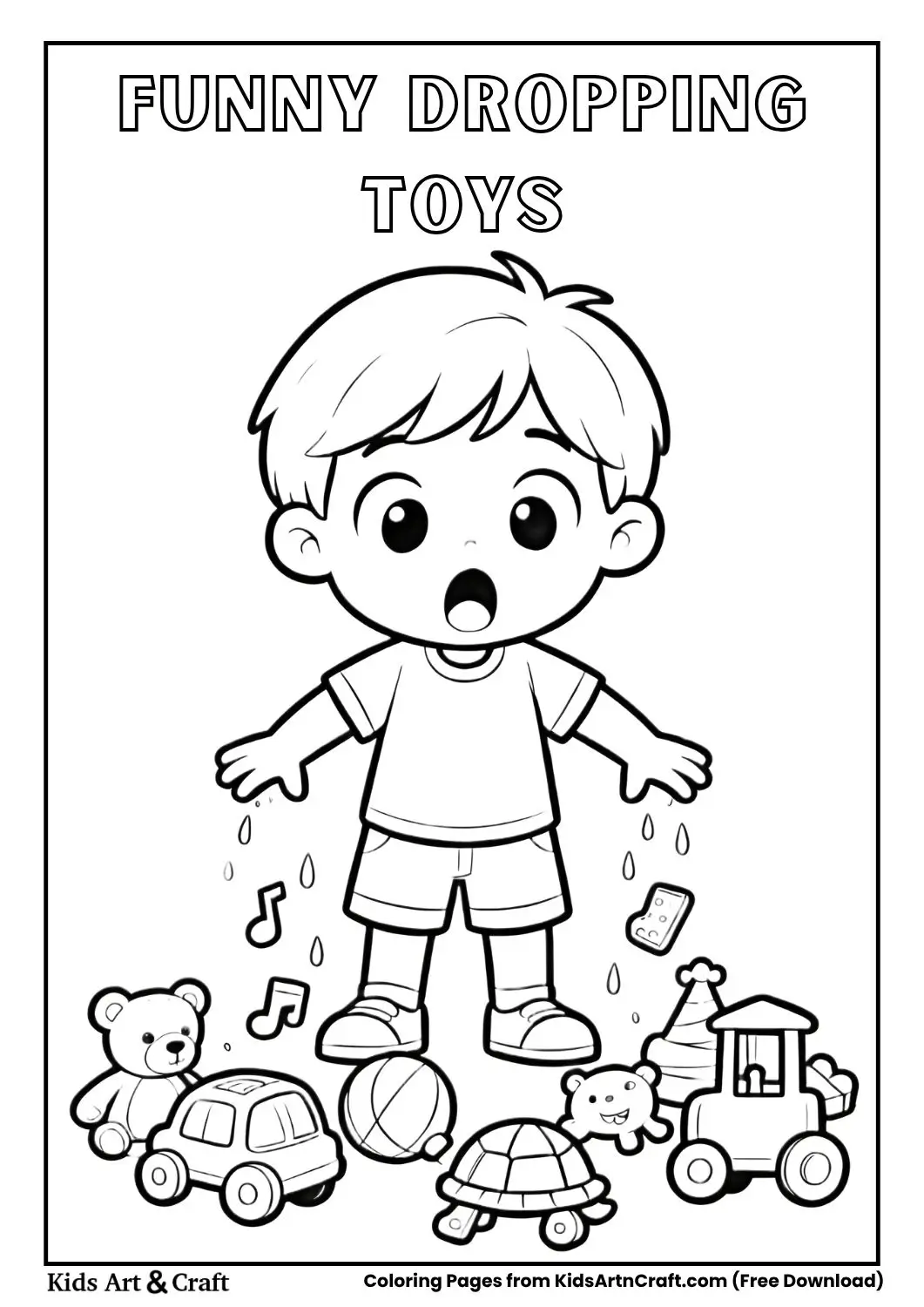 Child dropping toys while trying to carry too many coloring page