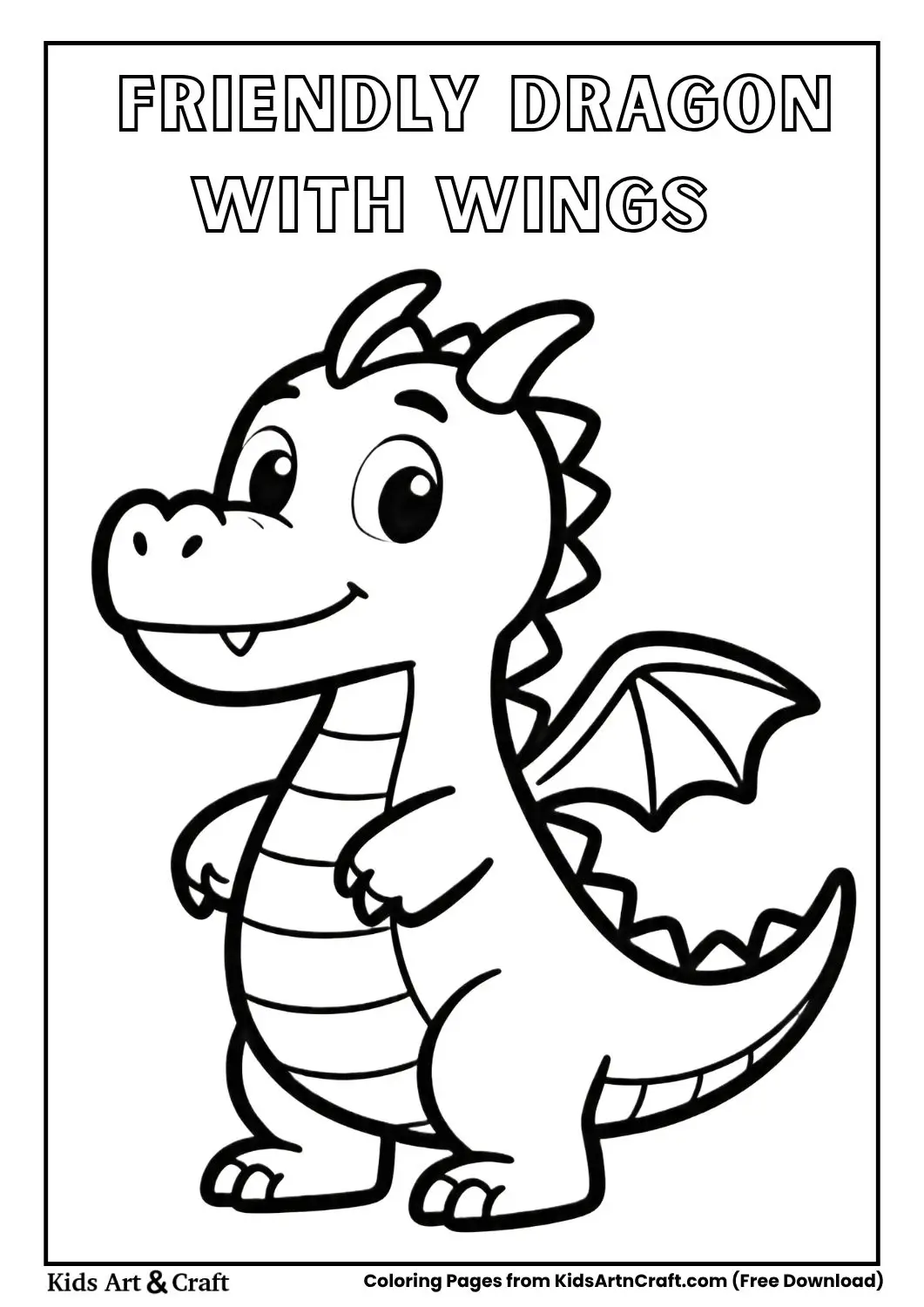 Friendly dragon with small wings black and white coloring page