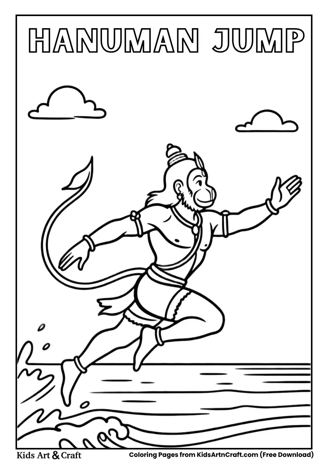 Hanuman jumping over ocean coloring page