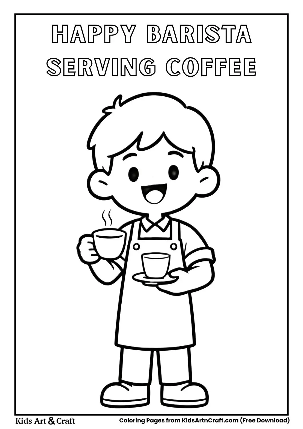 happy barista serving coffee cartoon coloring page