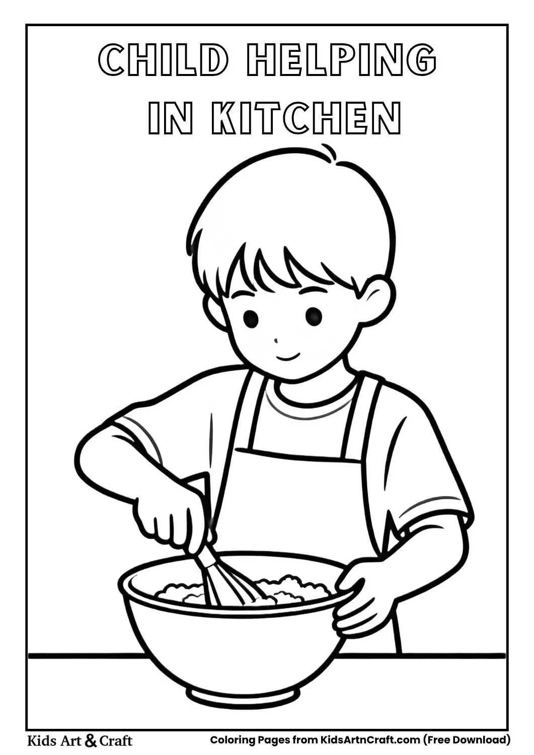 black and white coloring page of a child helping in the kitchen while mixing ingredients