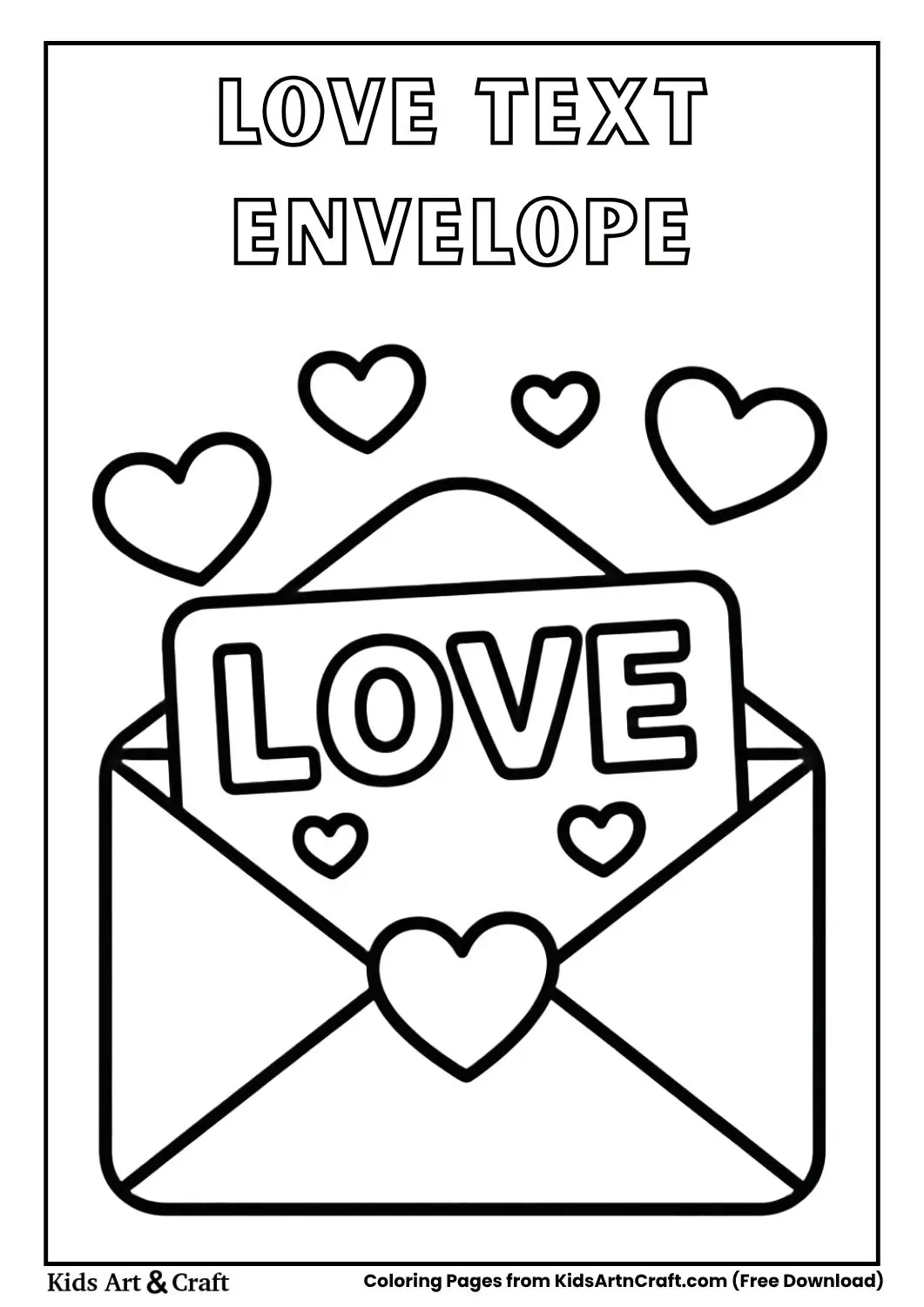 Envelope with LOVE text and hearts coloring page