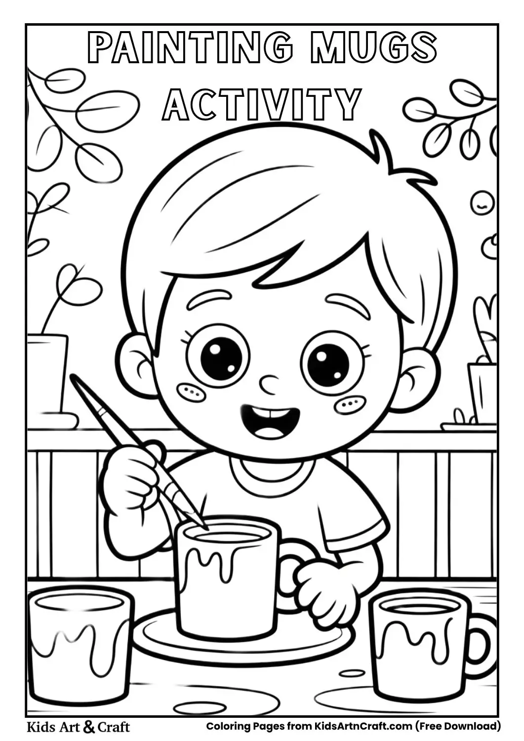 kids painting mugs at cafe coloring page