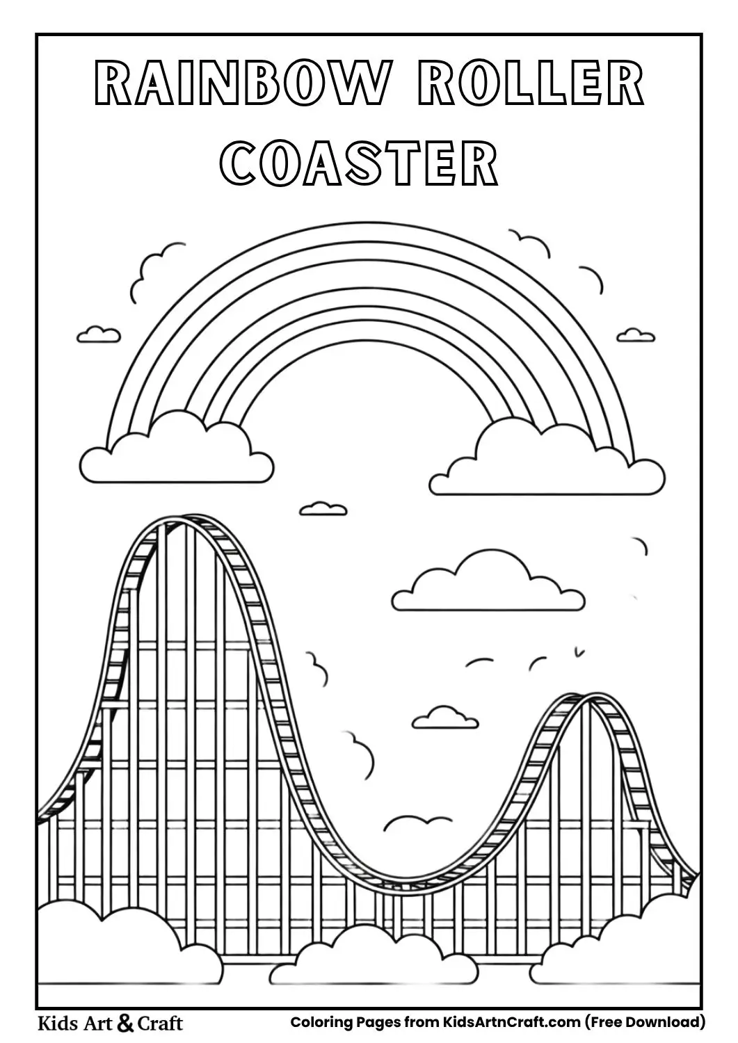 Roller coaster going over a rainbow with clouds, black and white