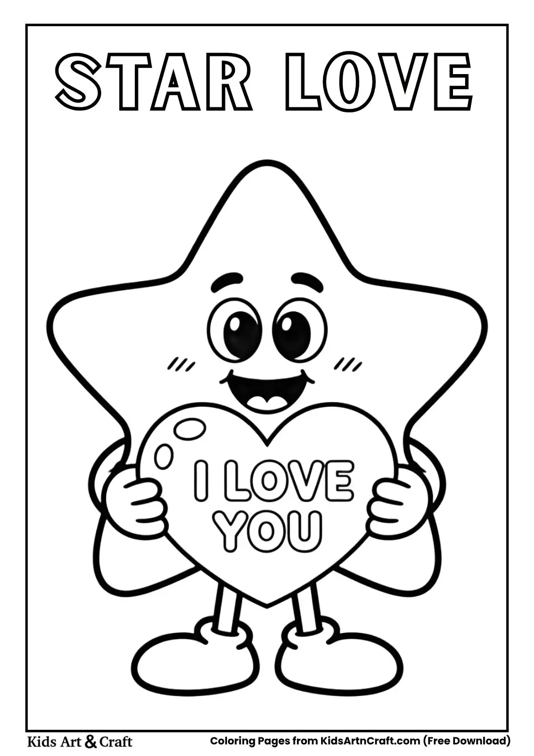Smiling star holding I Love You heart coloring page