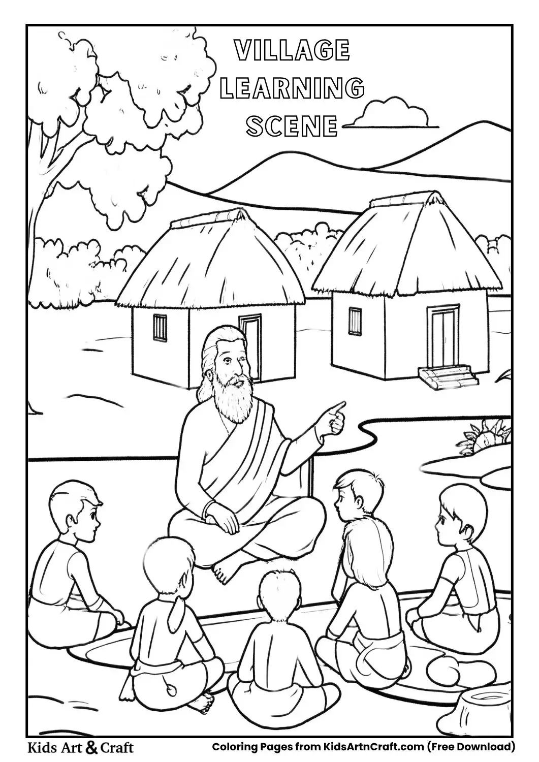 Teacher sitting with students outdoors near huts and tree