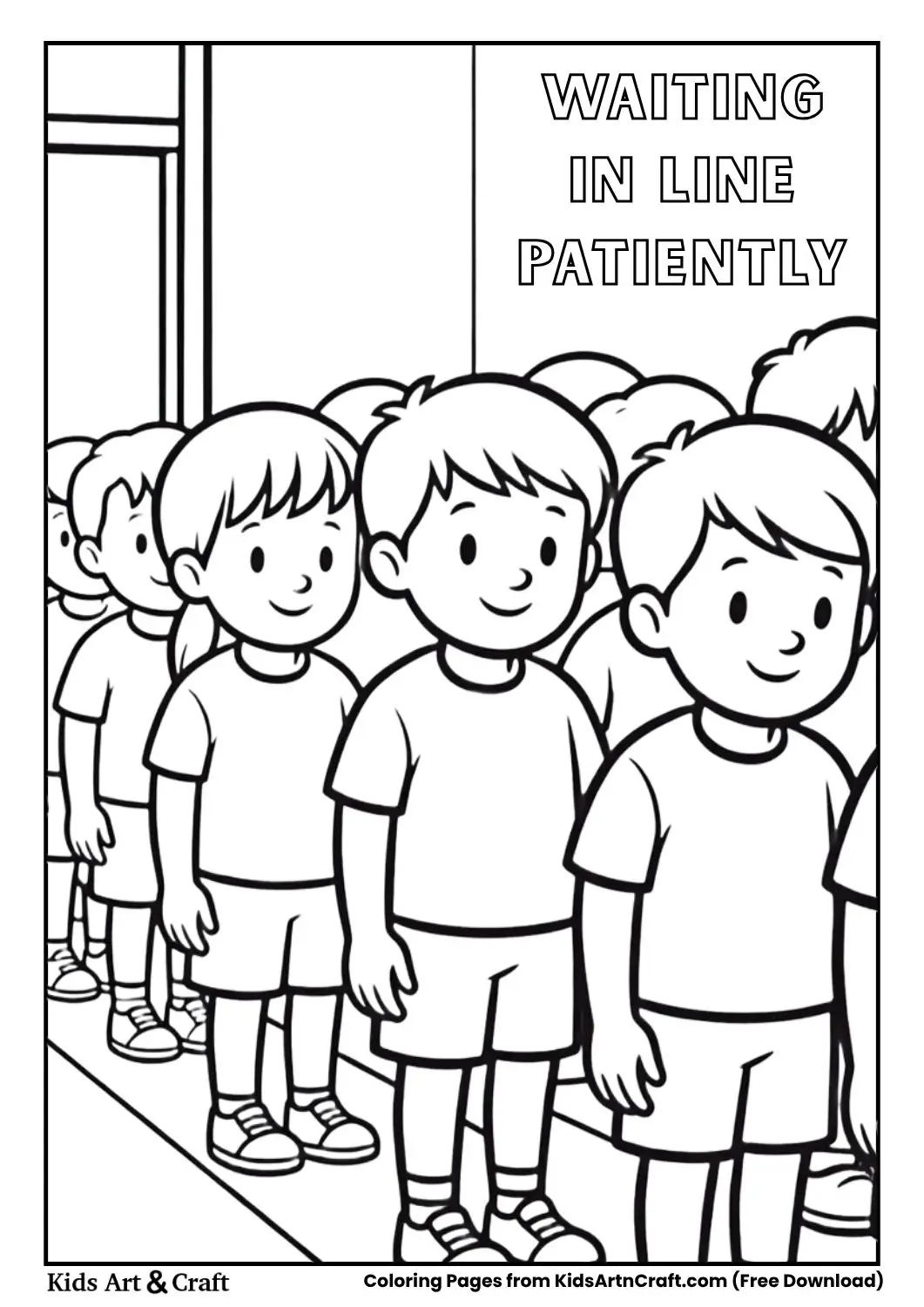 Children standing in a neat queue black and white colouring page for kids