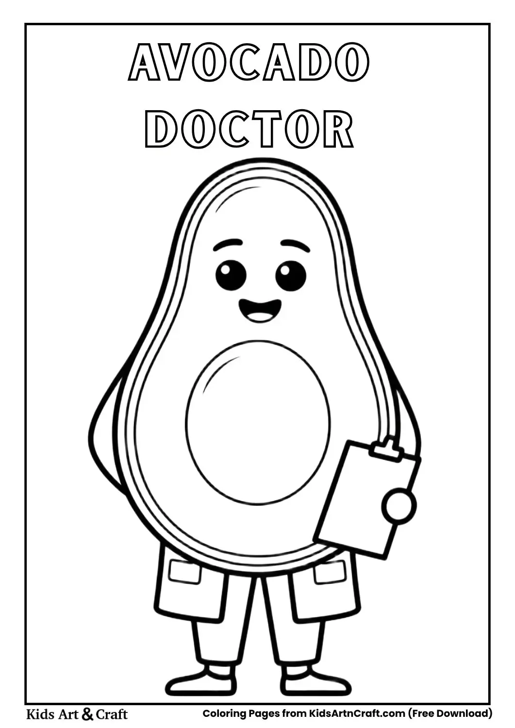 Avocado wearing doctor coat holding clipboard coloring page 