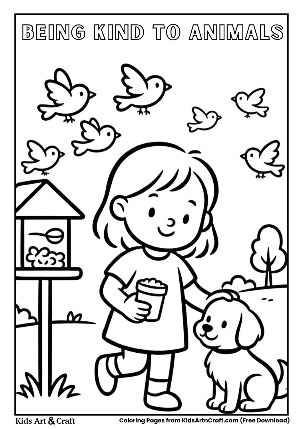 Child feeding birds and petting a dog black and white colouring page for kids
